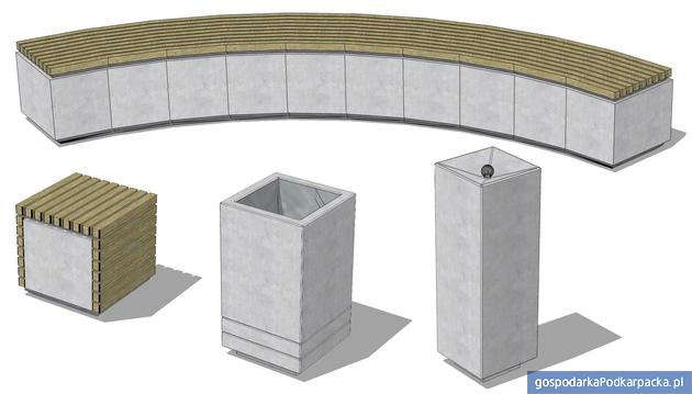 Projekt ławki przy Muzeum Okegowym, oraz projekty kosza na śmieci i poidełka z płyt kamiennych. Proj. AG Doradztwo i Projektowanie 