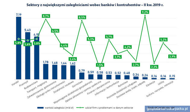 Zaległości wefług sektorów po II kwartale 2019 r. Źródło: Biuro Informacji Gospodarczej InfoMonitor S.A.