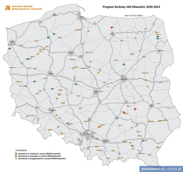 Program budowy 100 obwodnic. Podkarpackie na tle kraju - stan realizacji 