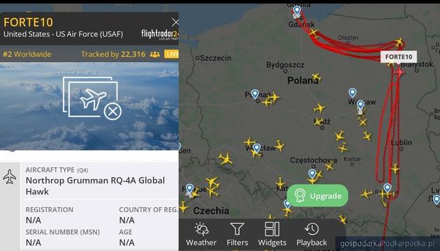 Trasa przelotu bezzałogowego statku powietrznego wg flightradar24