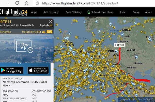 Amerykański dron RQ-4 Global Hawk wywiadowczy po raz kolejny nad Polską i Morzem Czarnym