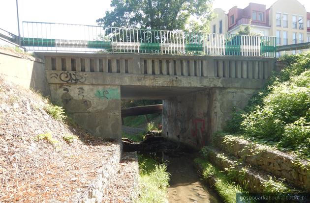 Widok na obiekt i koryto Mikośki od „górnej wody”