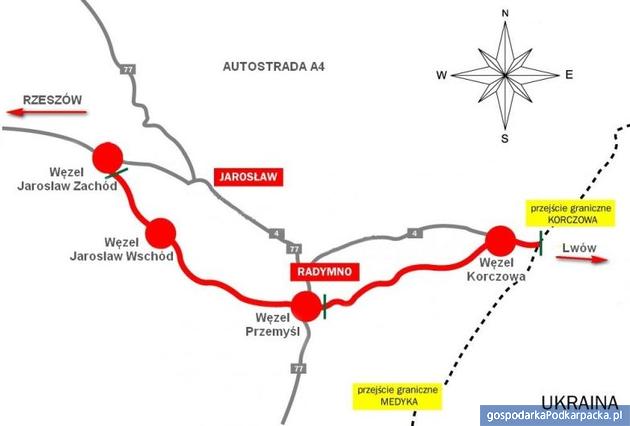 Mapa austostrady A4 od Jarosławia do Korczowej. Źródło GDDKiA